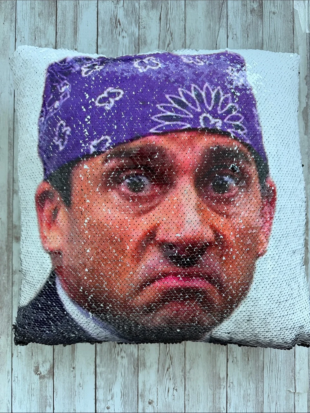 The Office Prison Mike Throw Pillow Sequin Reversible Black Tan Back 14.5 x 14.5